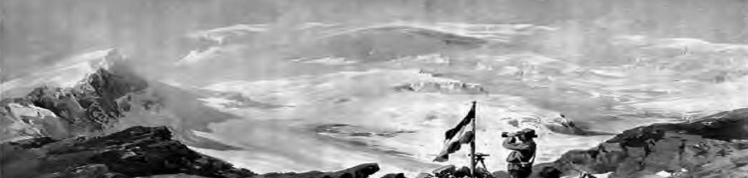 Der Furtwängler Gletscher in der Kibo-Kaldera im Oktober 1889.Bearbeitetes Gipfelpanorama - nach Edward Theodore Compton "Der grosse Kraterzikus des Kibo" in Dr. Hans Meyers "Ostafrikanische Gletscherfahrten" [5]