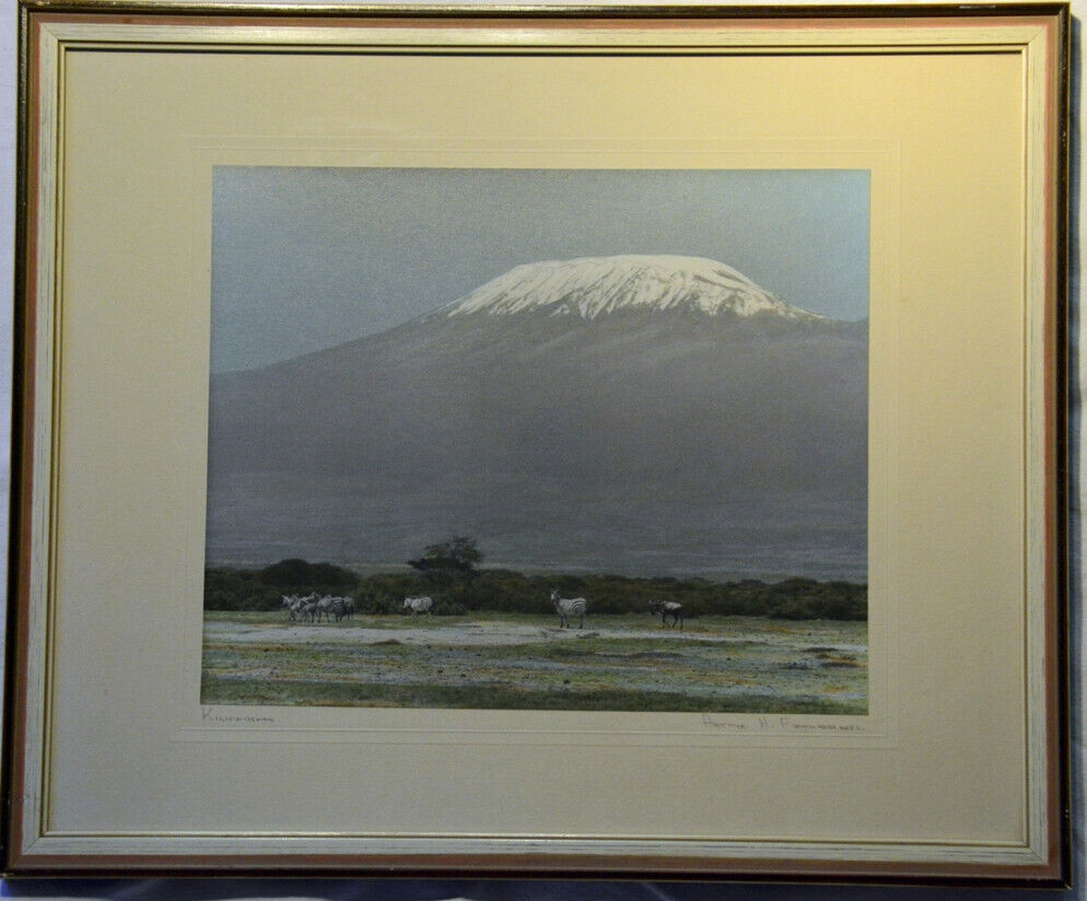 1950 - Kilimanjaro<br><b>- 60 EUR -</b><br>Hand-colorierte Fotografie, 29cm x 24cm, beschriftet und signiert von A. Firmin unten links bzw. rechts, gerahmt hinter Glas