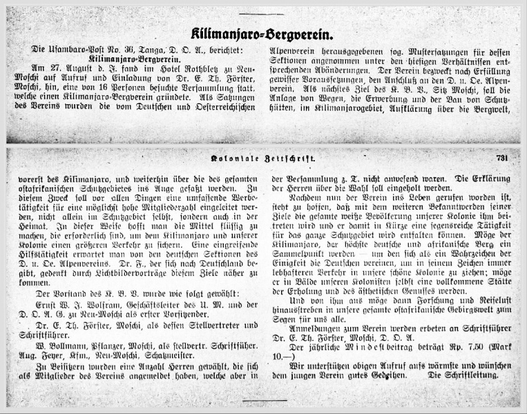 1913 - Mitteilung Gründung Kilimanjaro-Bergverein.